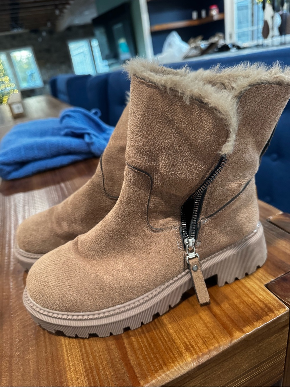 Source Unknown Women's Faux-Suede Ankle Boots in Tan with Fur Trim